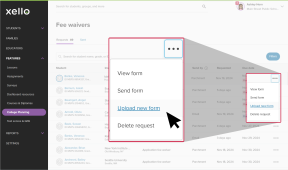 Fee waivers requests page. Three dot menu next to a student is open. The menu options are View form, Send form, Upload new form, Delete request. Cursor is on Upload new form